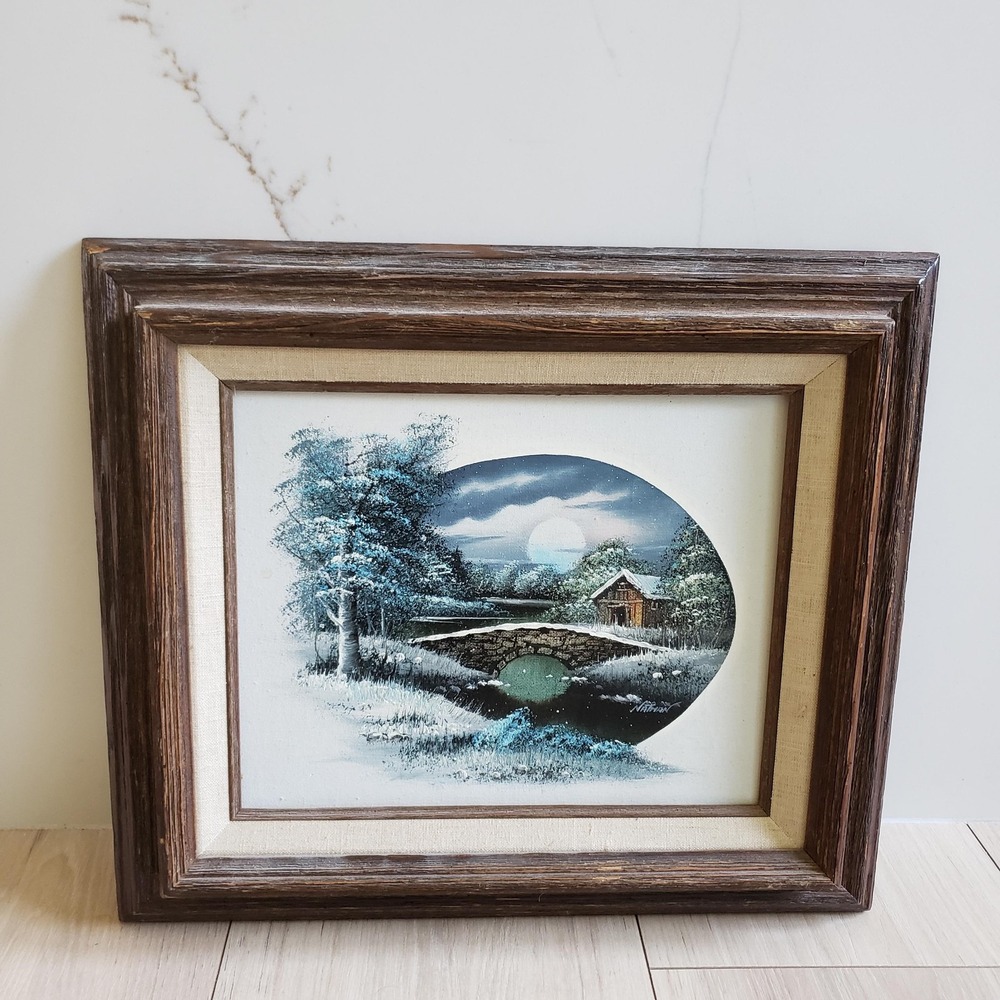 Vintage Bridge Cabin‎ Landscape Oil Painting Canvas Framed 13x16 Nathan Signed